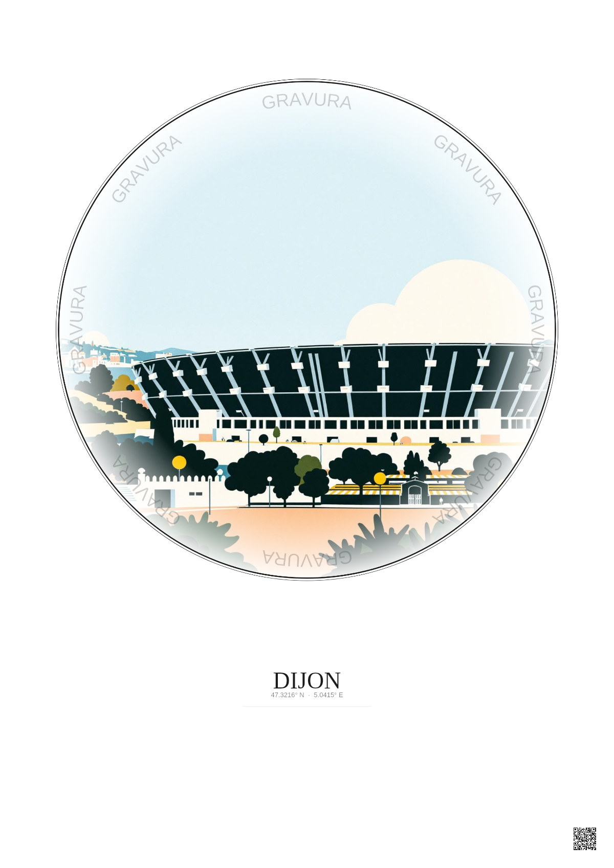 Affiche Dijon – Poster illustration vintage – Stade Gaston Gerard | Gravura – Fond clair