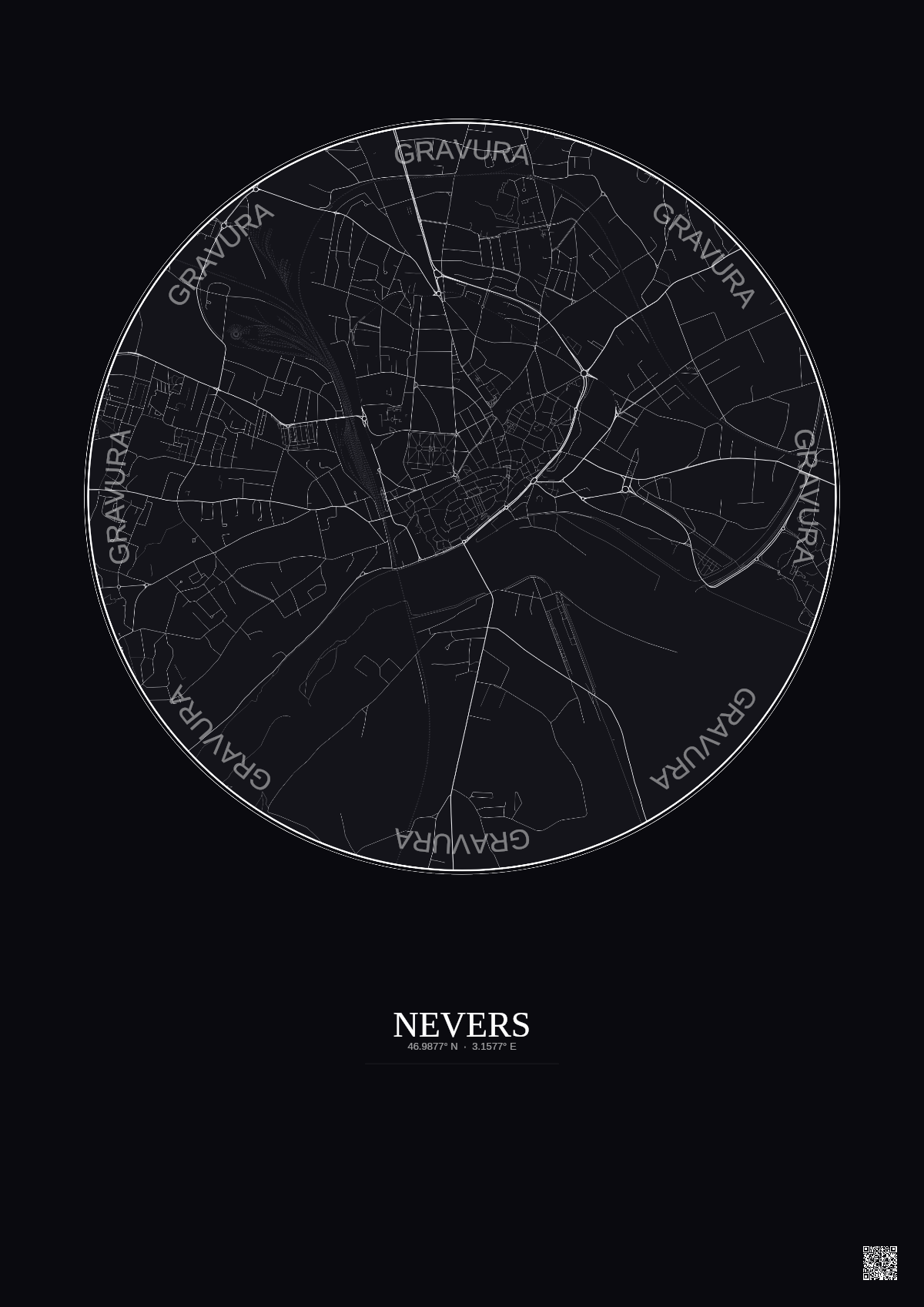 Affiche Nevers – Poster carte de ville 2.5km | Gravura – Fond foncé