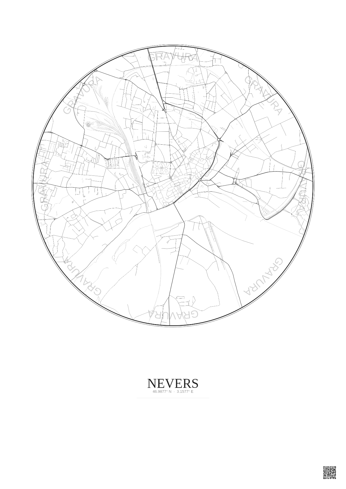 Affiche Nevers – Poster carte de ville 2.5km | Gravura – Fond clair