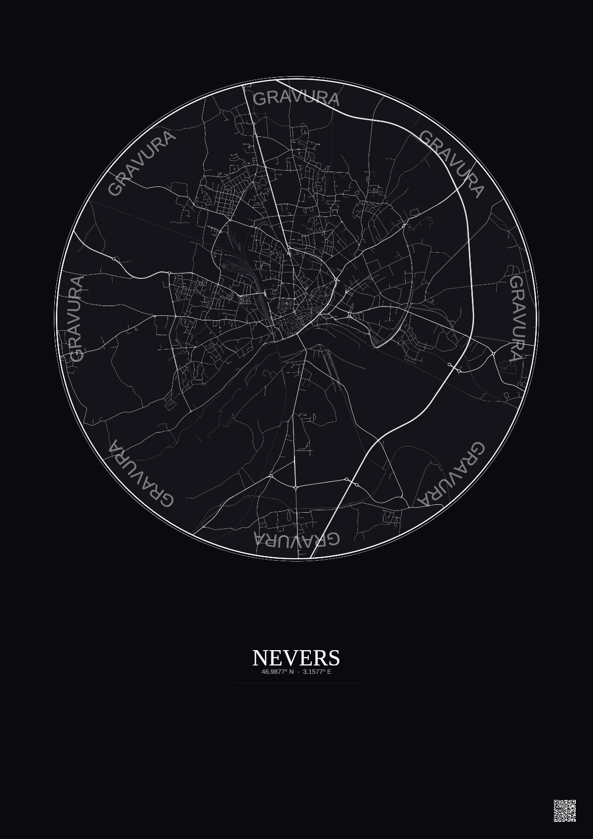 Affiche Nevers – Poster carte de ville 5km | Gravura – Fond foncé