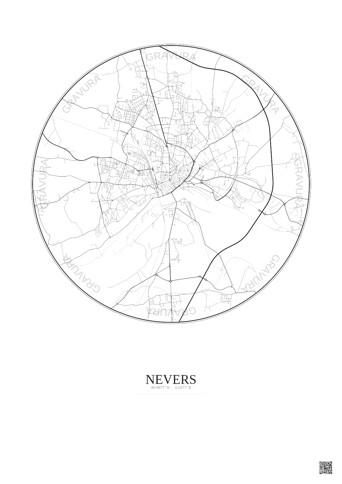 Affiche Nevers – Poster carte de ville 5km | Gravura – Fond clair