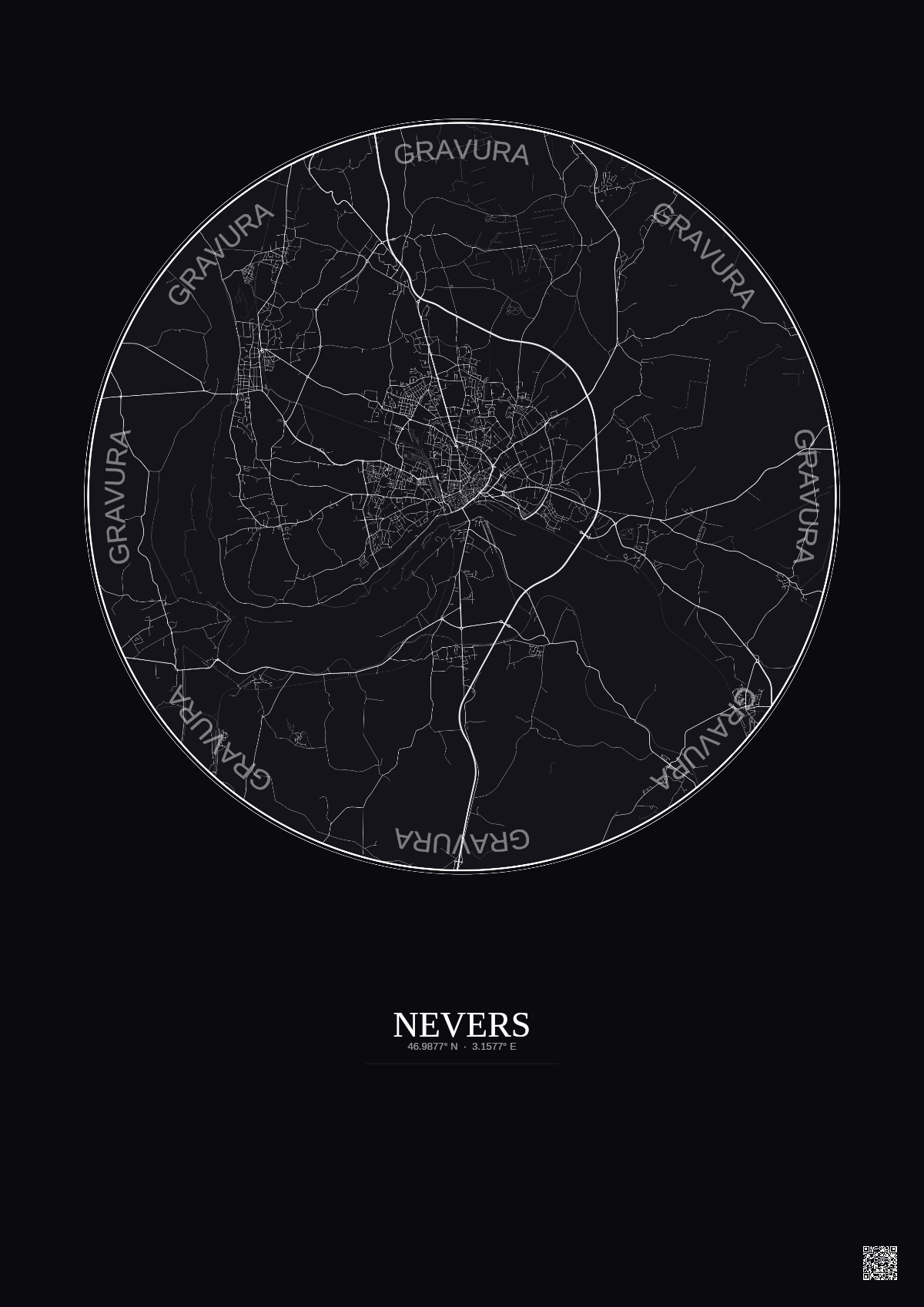 Affiche Nevers – Poster carte de ville 10km | Gravura – Fond foncé