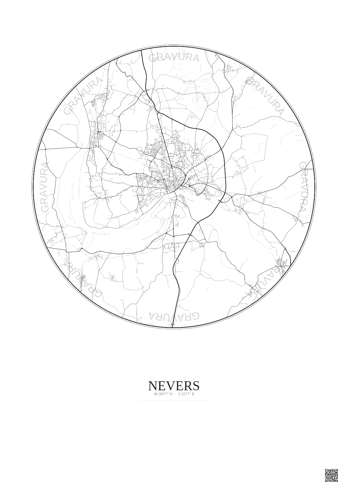 Affiche Nevers – Poster carte de ville 10km | Gravura – Fond clair