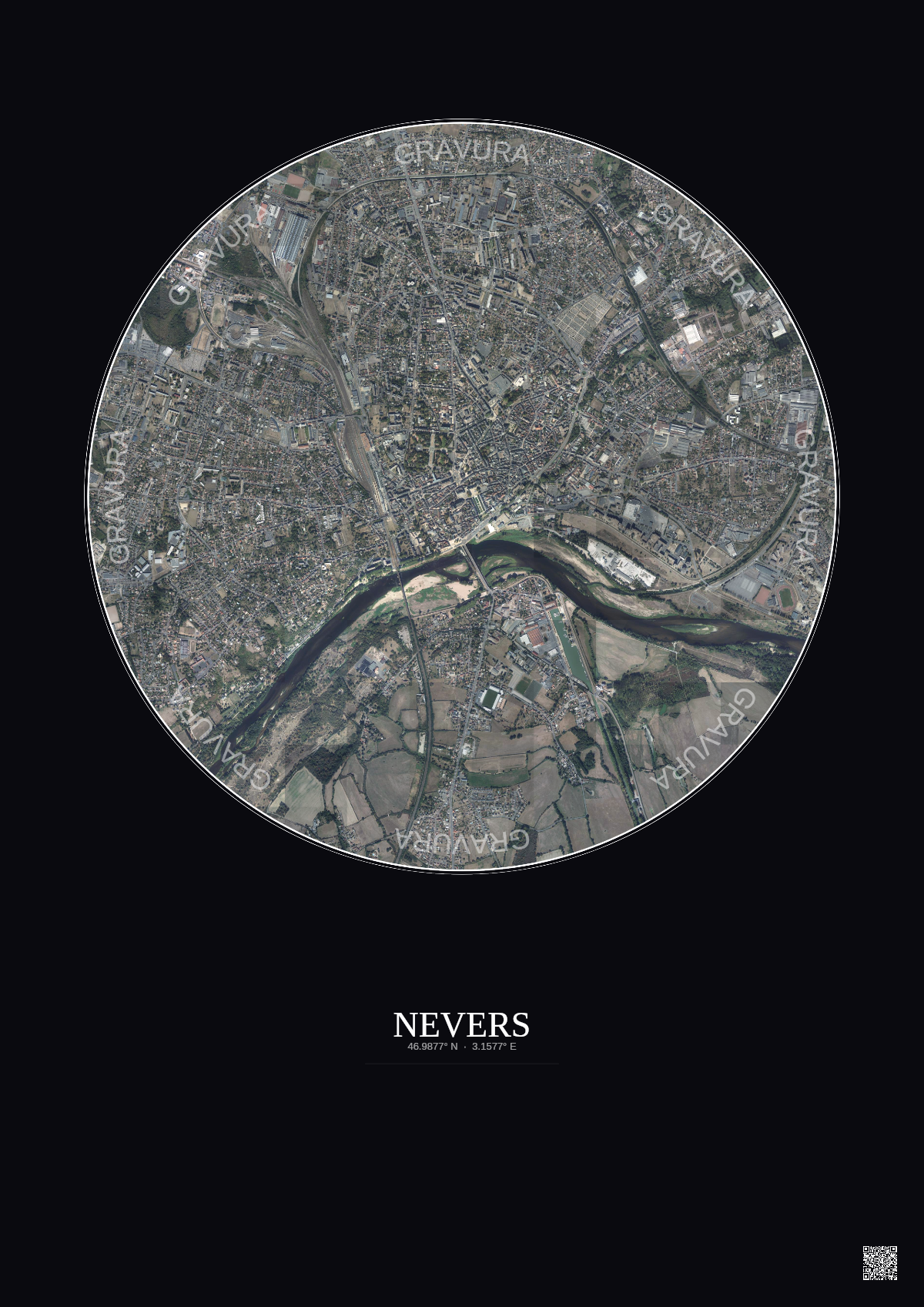 Affiche Nevers – Poster vue satellite 2.5km Couleur | Gravura – Fond foncé
