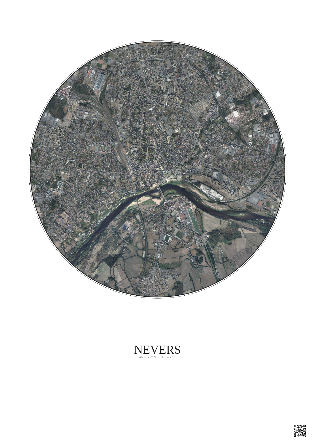 Affiche Nevers – Poster vue satellite 2.5km Couleur | Gravura – Fond clair