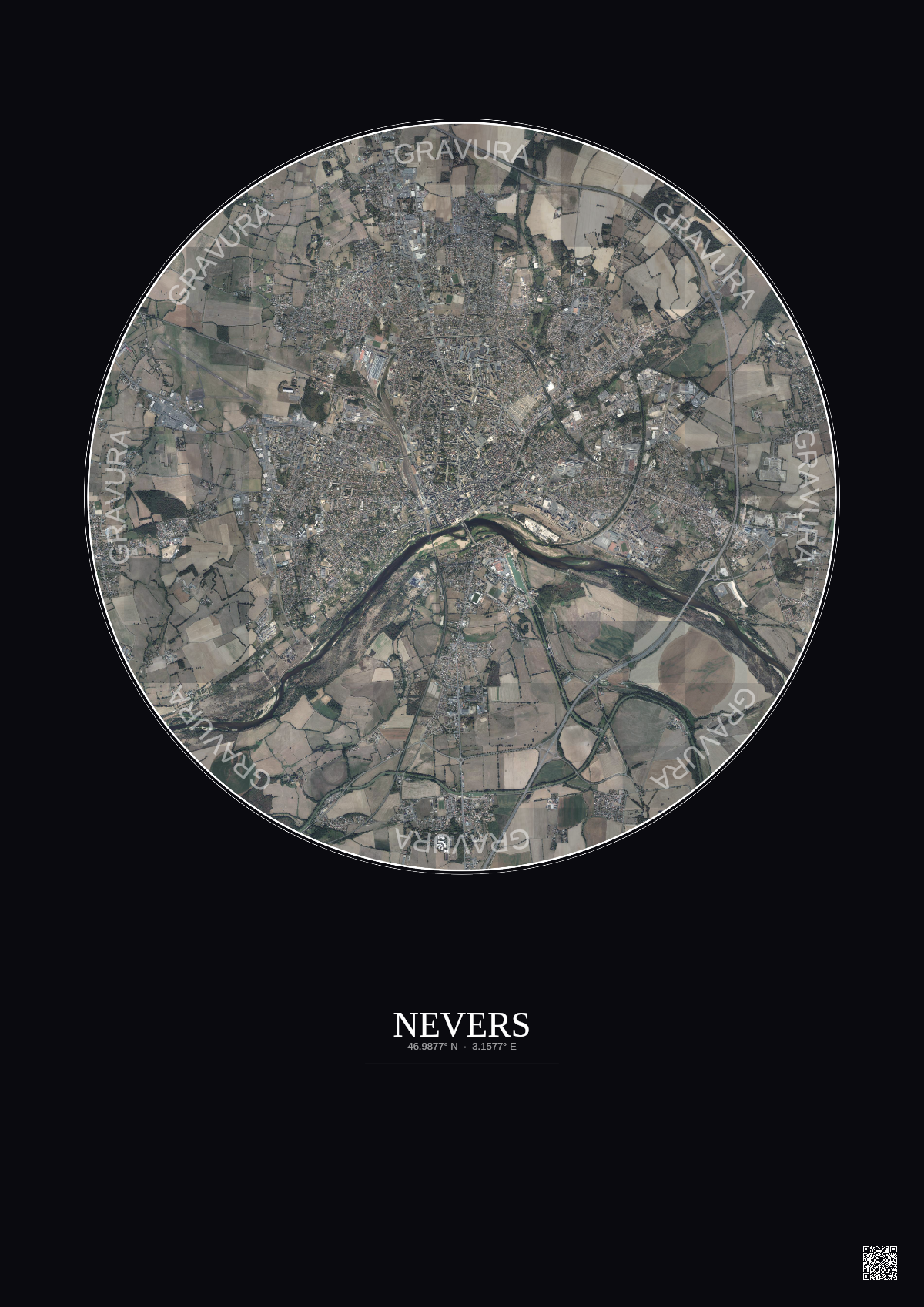 Affiche Nevers – Poster vue satellite 5km Couleur | Gravura – Fond foncé