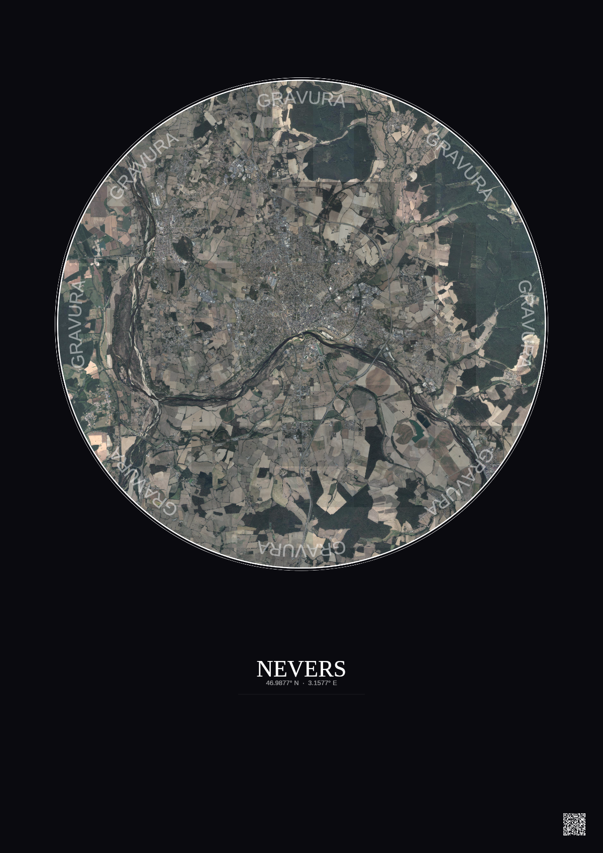 Affiche Nevers – Poster vue satellite 10km Couleur | Gravura – Fond foncé