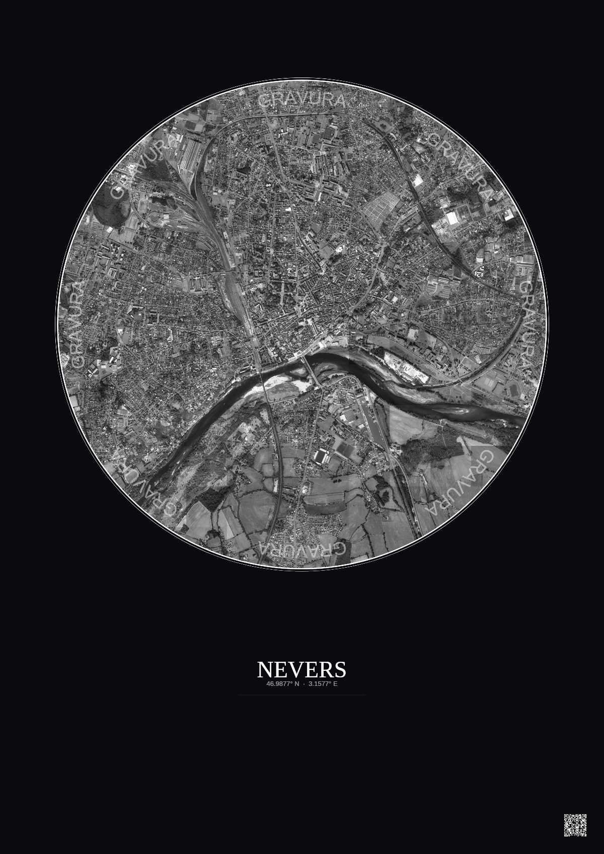 Affiche Nevers – Poster vue satellite 2.5km N&B | Gravura – Fond foncé