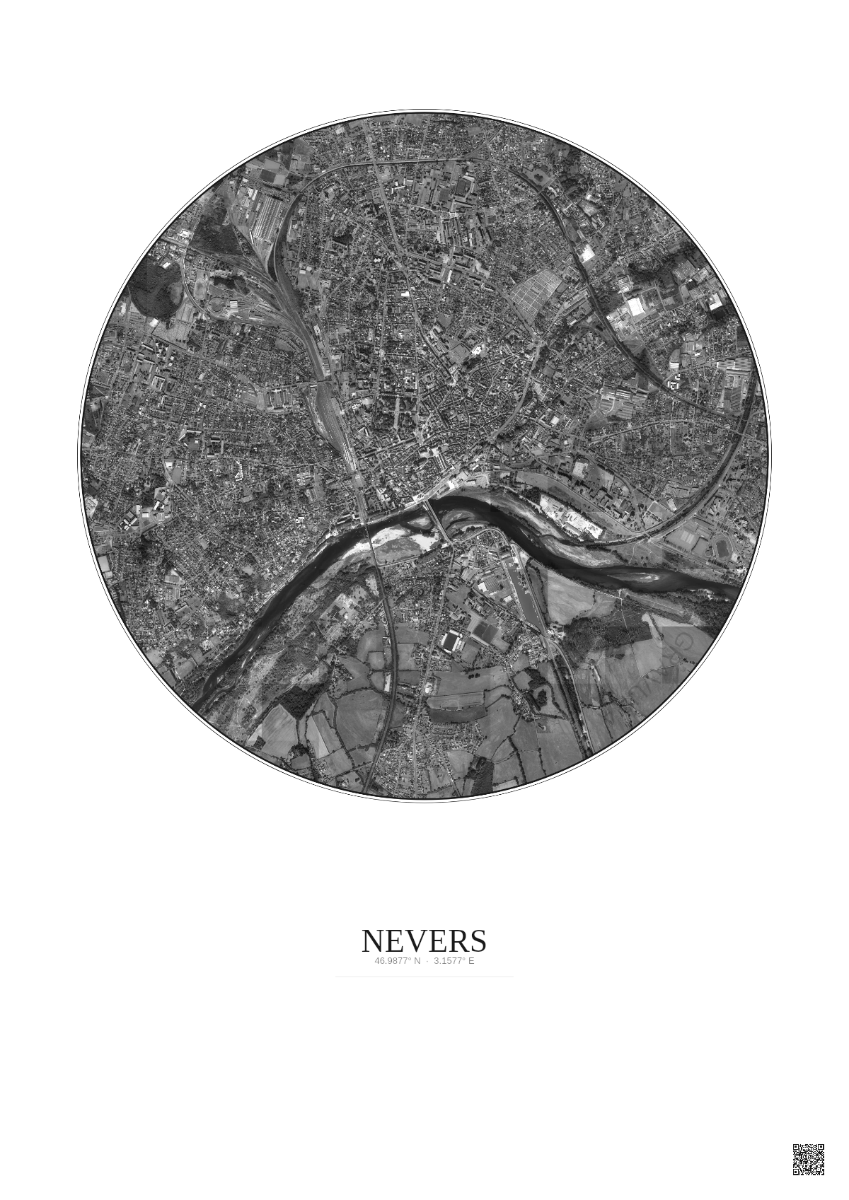 Affiche Nevers – Poster vue satellite 2.5km N&B | Gravura – Fond clair