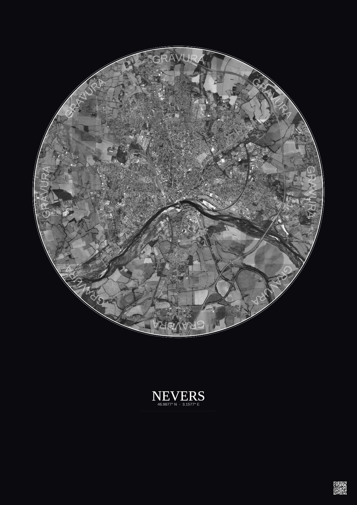 Affiche Nevers – Poster vue satellite 5km N&B | Gravura – Fond foncé