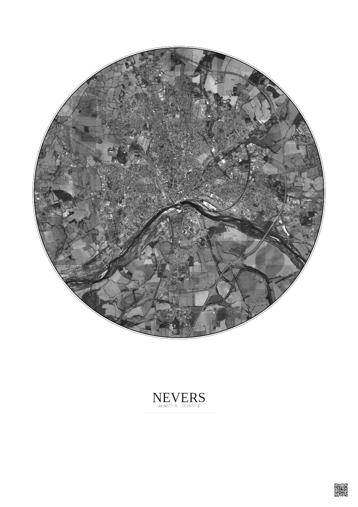 Affiche Nevers – Poster vue satellite 5km N&B | Gravura – Fond clair
