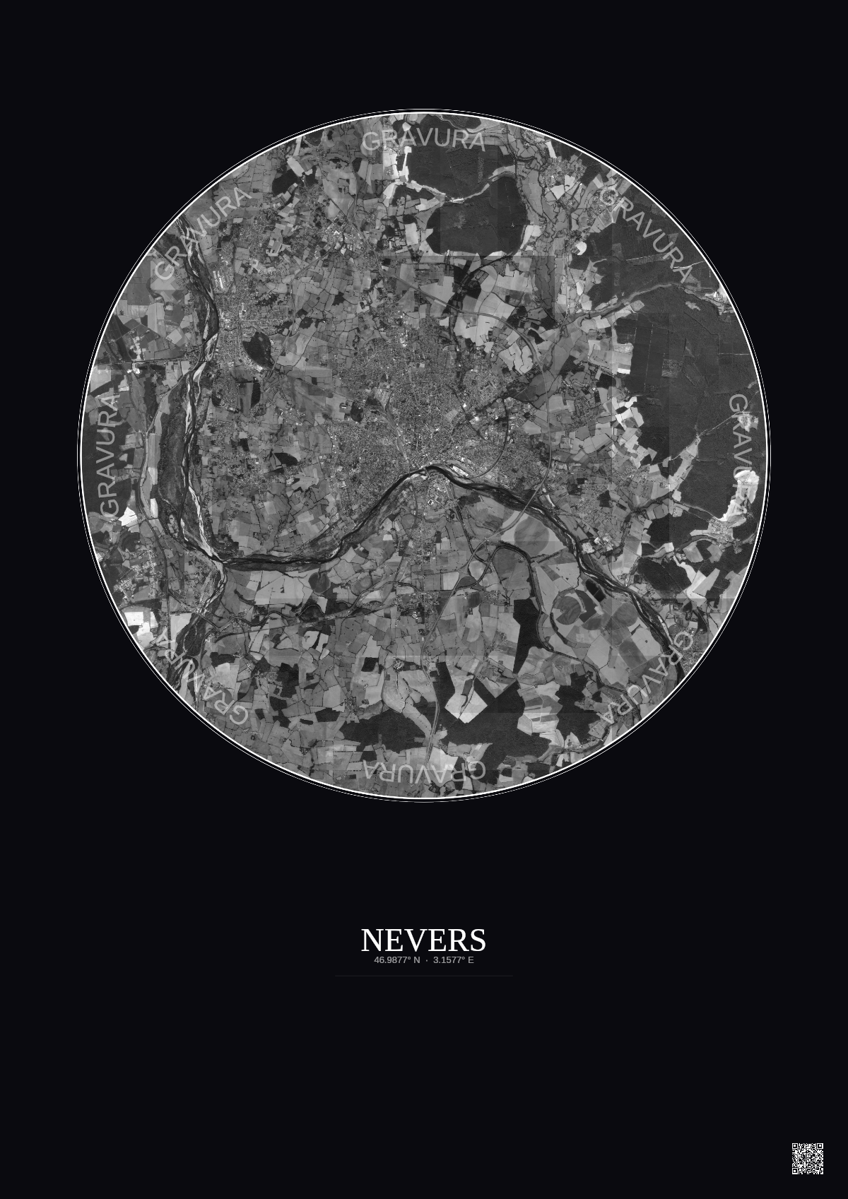 Affiche Nevers – Poster vue satellite 10km N&B | Gravura – Fond foncé