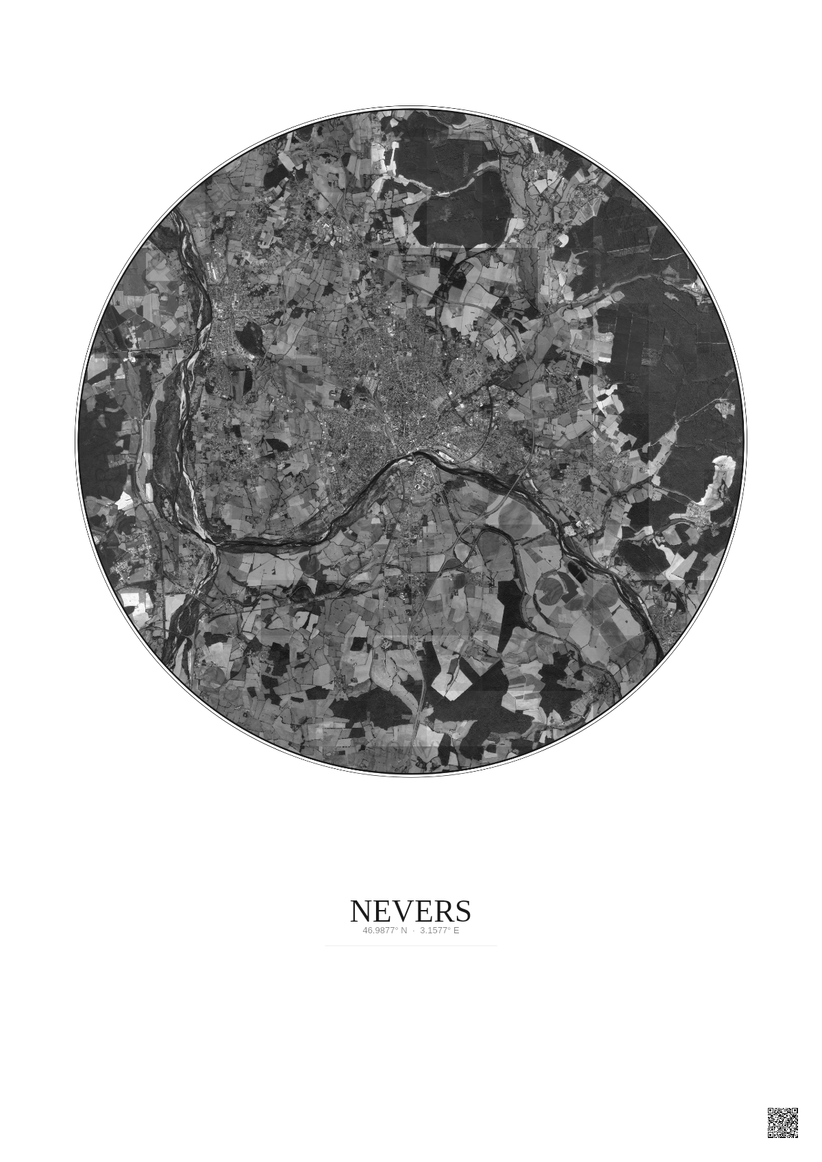 Affiche Nevers – Poster vue satellite 10km N&B | Gravura – Fond clair