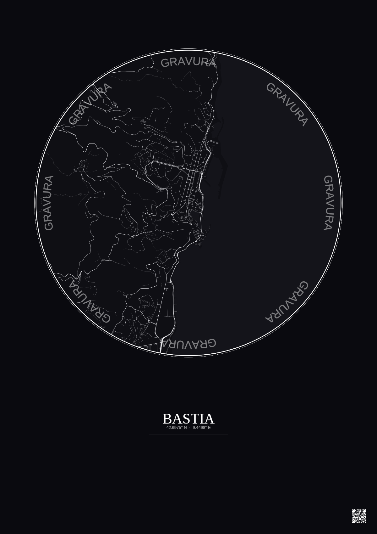 Affiche Bastia – Poster carte de ville 2.5km | Gravura – Fond foncé