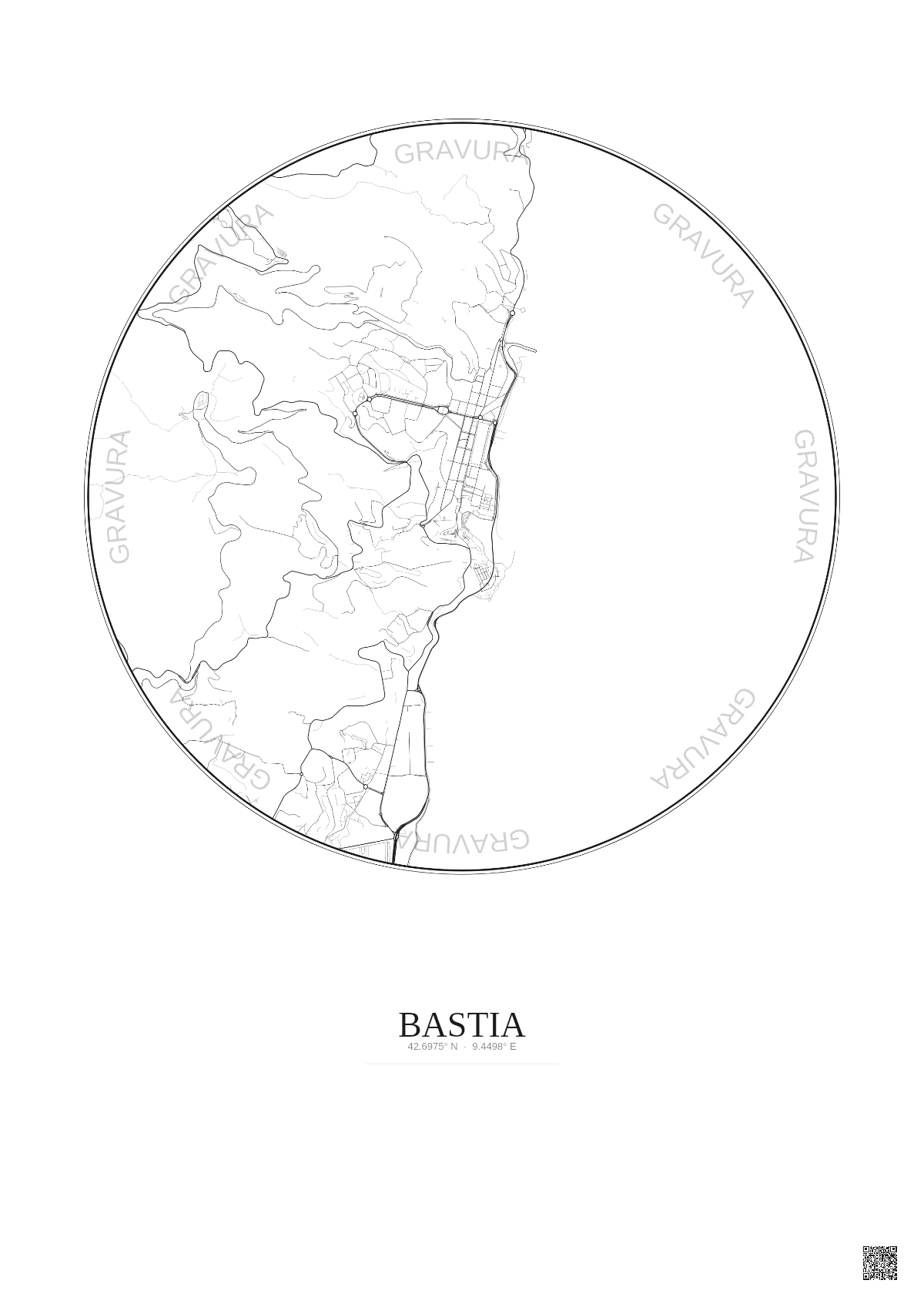 Affiche Bastia – Poster carte de ville 2.5km | Gravura – Fond clair