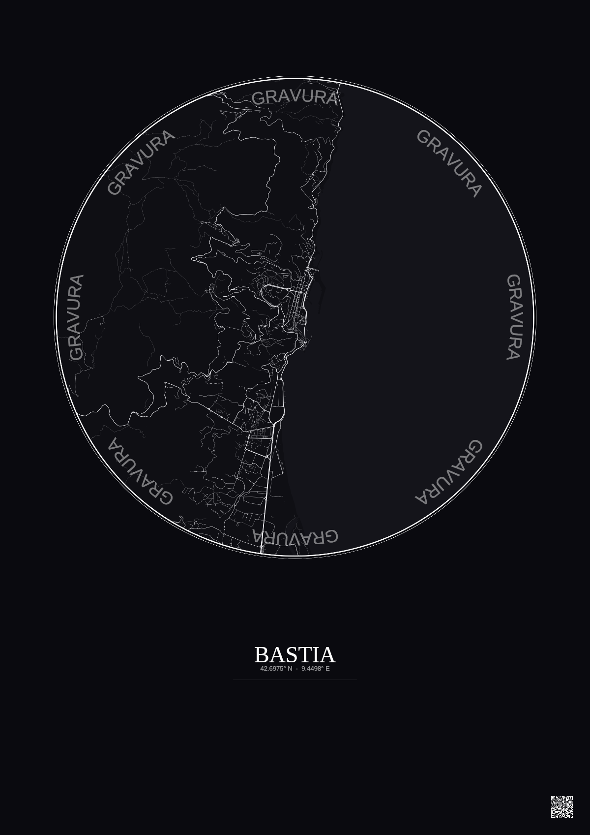 Affiche Bastia – Poster carte de ville 5km | Gravura – Fond foncé