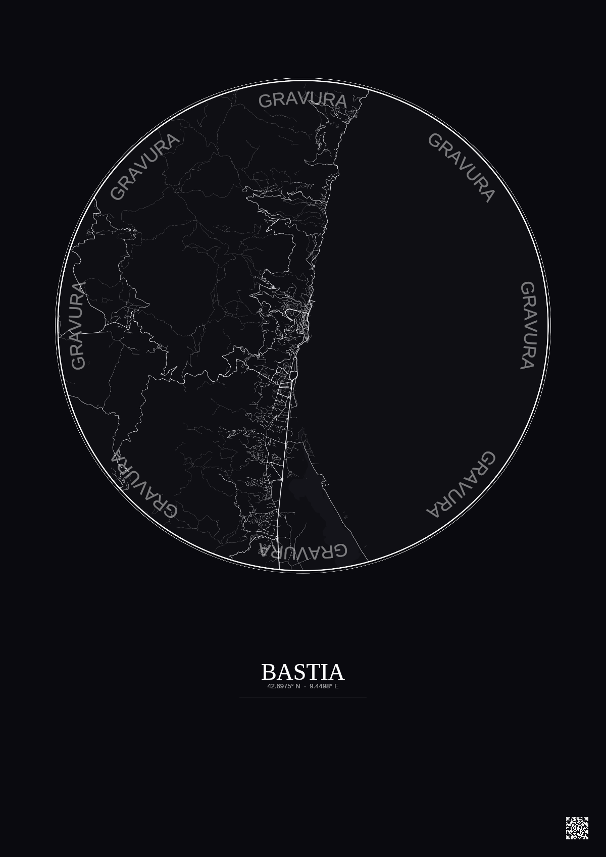 Affiche Bastia – Poster carte de ville 10km | Gravura – Fond foncé