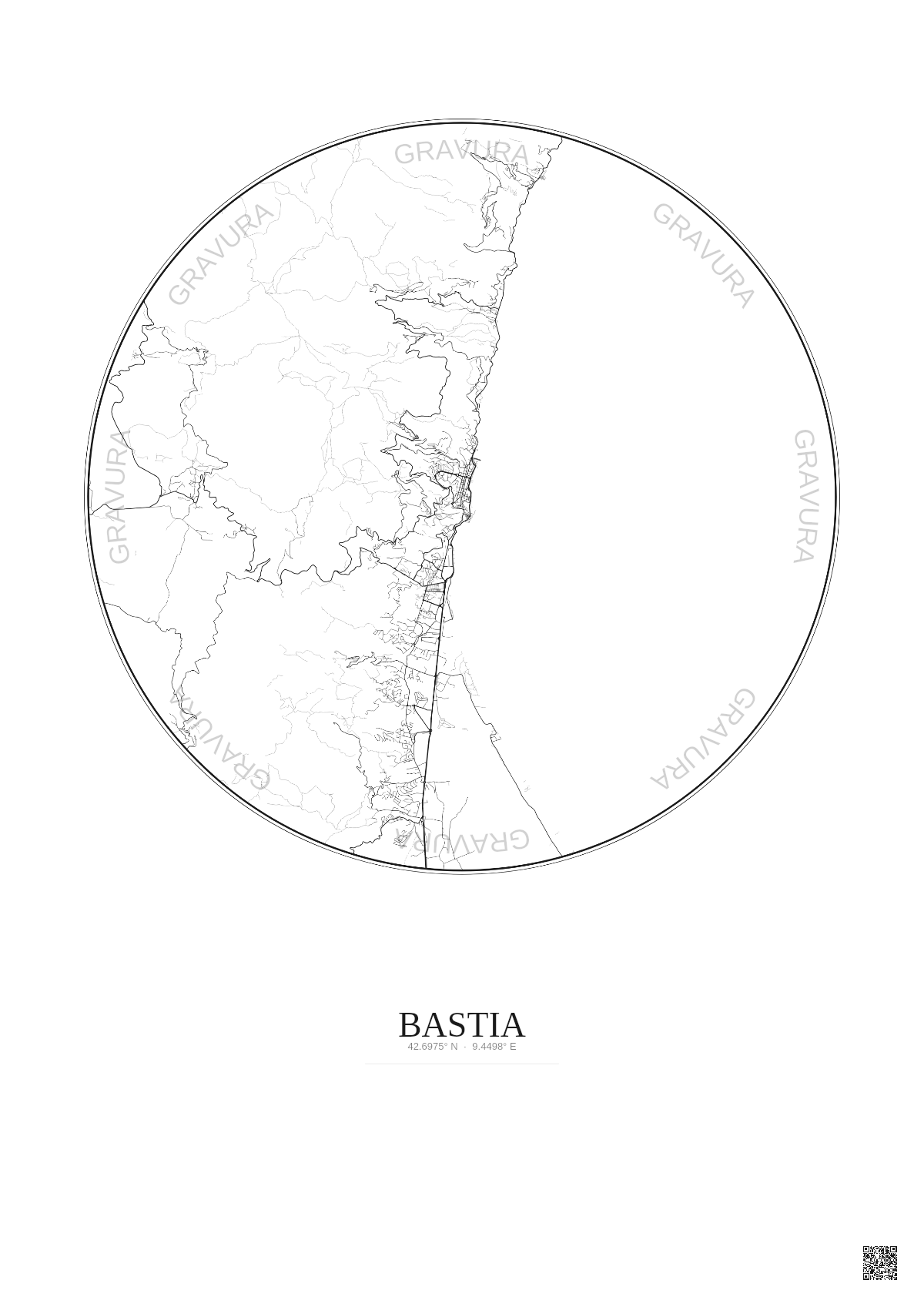 Affiche Bastia – Poster carte de ville 10km | Gravura – Fond clair