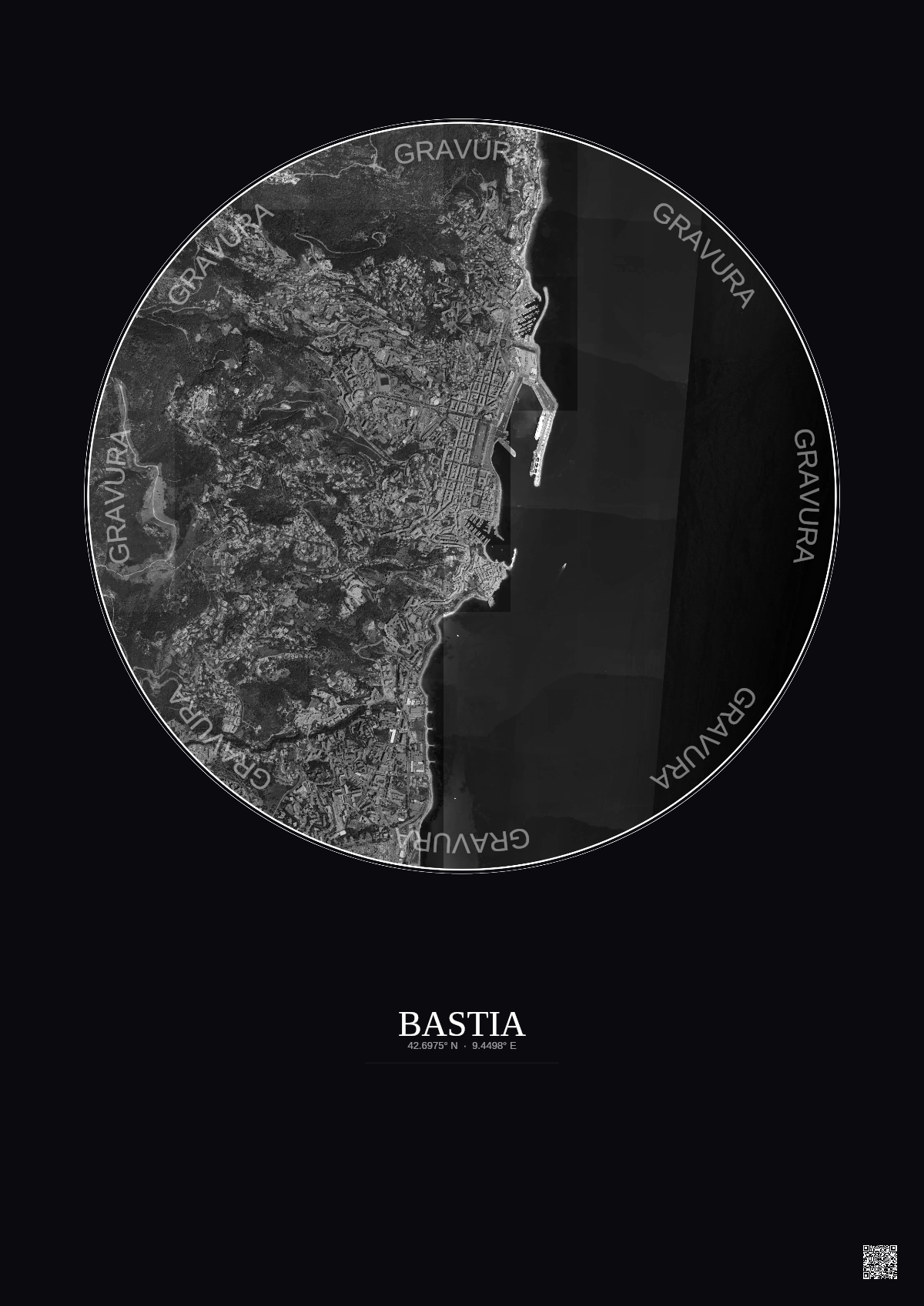 Affiche Bastia – Poster vue satellite 2.5km N&B | Gravura – Fond foncé
