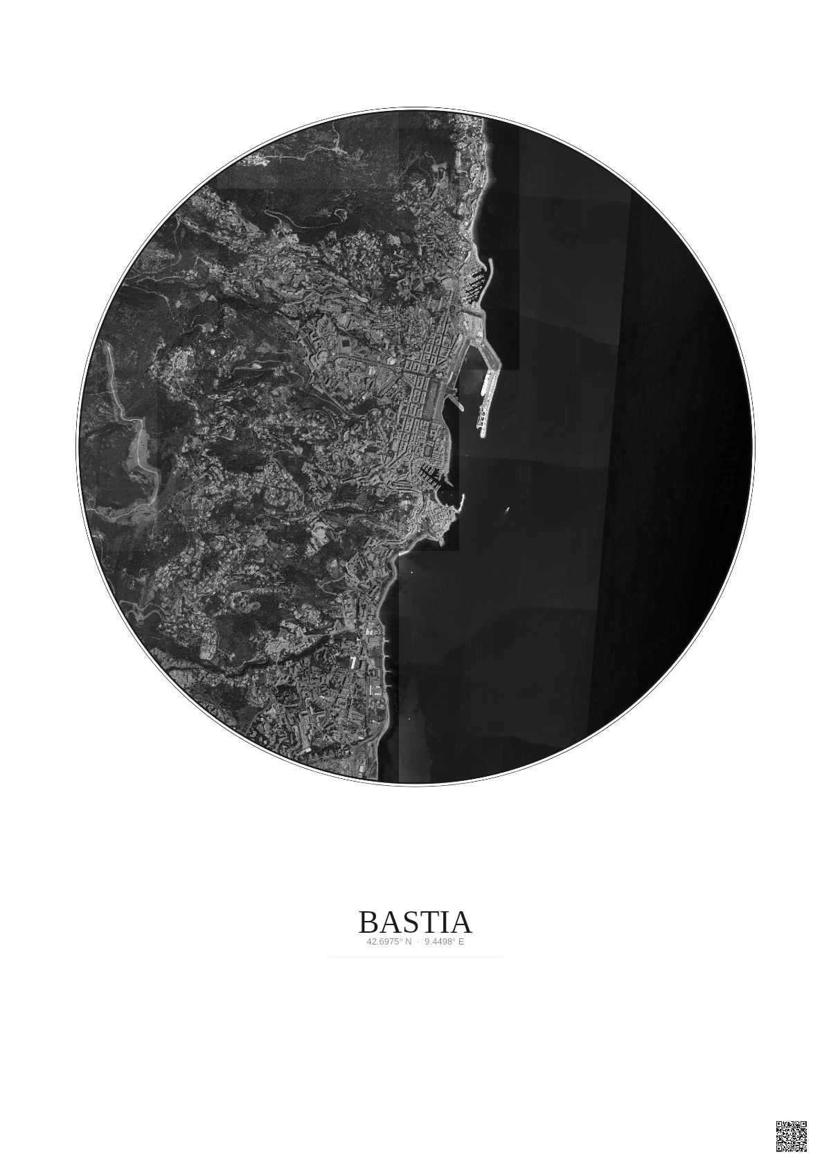 Affiche Bastia – Poster vue satellite 2.5km N&B | Gravura – Fond clair