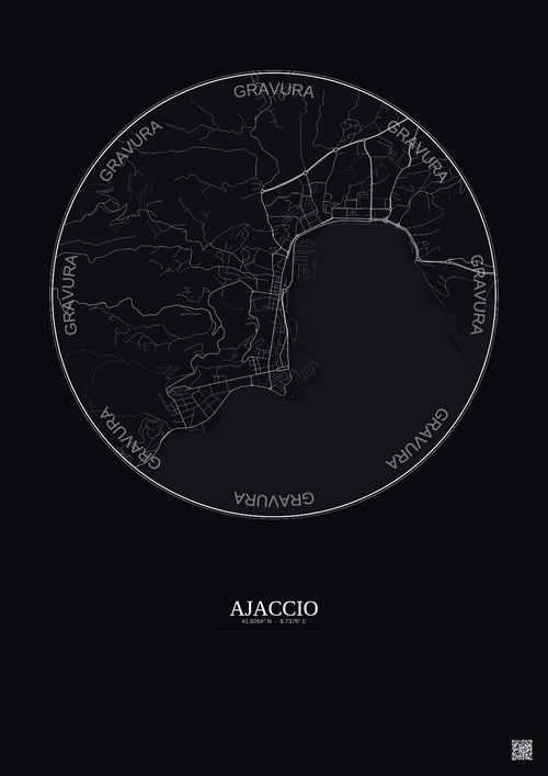 Affiche Ajaccio – Poster carte de ville 2.5km | Gravura – Fond foncé