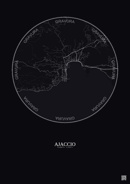 Affiche Ajaccio – Poster carte de ville 5km | Gravura – Fond foncé