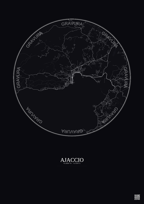 Affiche Ajaccio – Poster carte de ville 10km | Gravura – Fond foncé