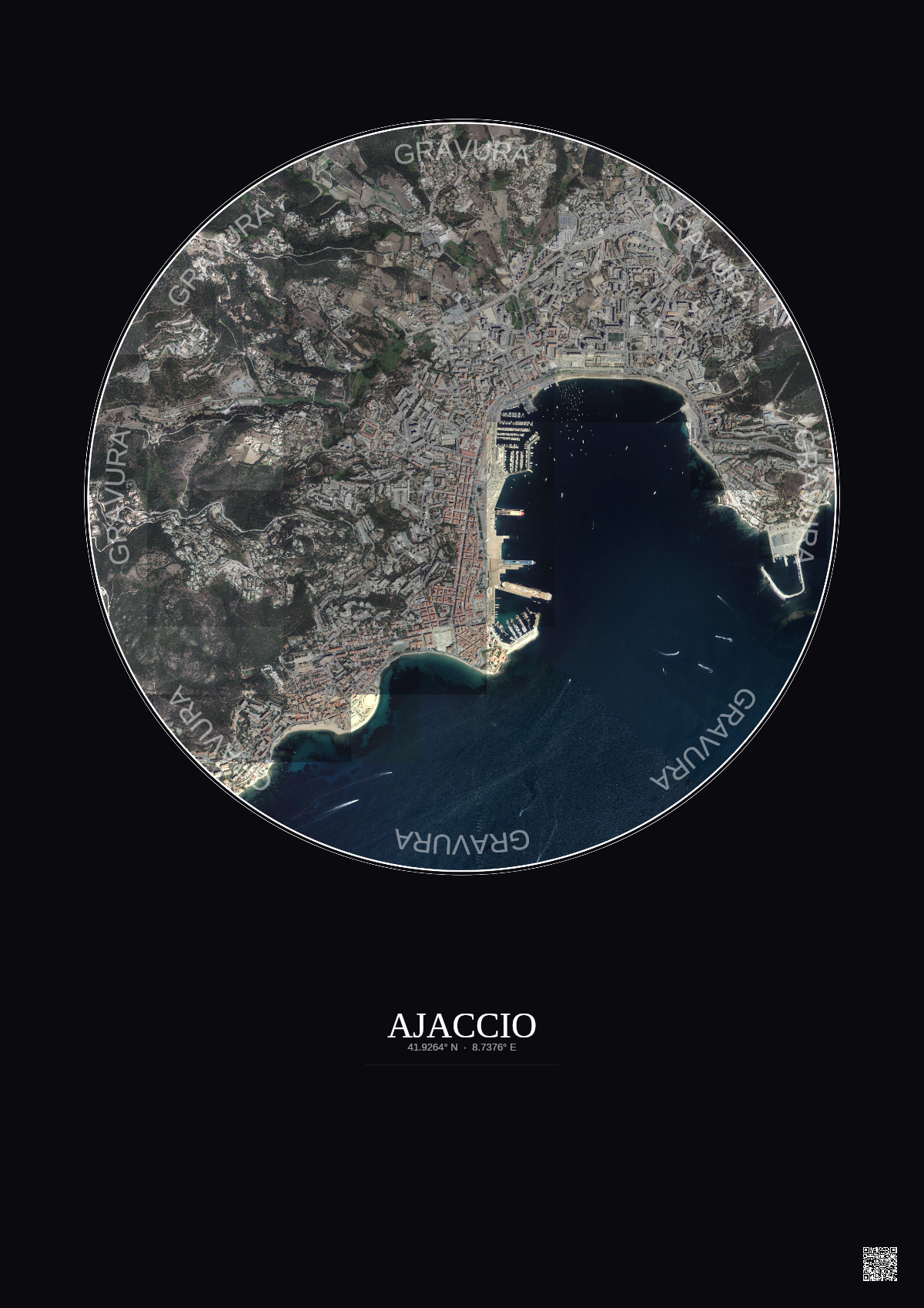 Affiche Ajaccio – Poster vue satellite 2.5km Couleur | Gravura – Fond foncé