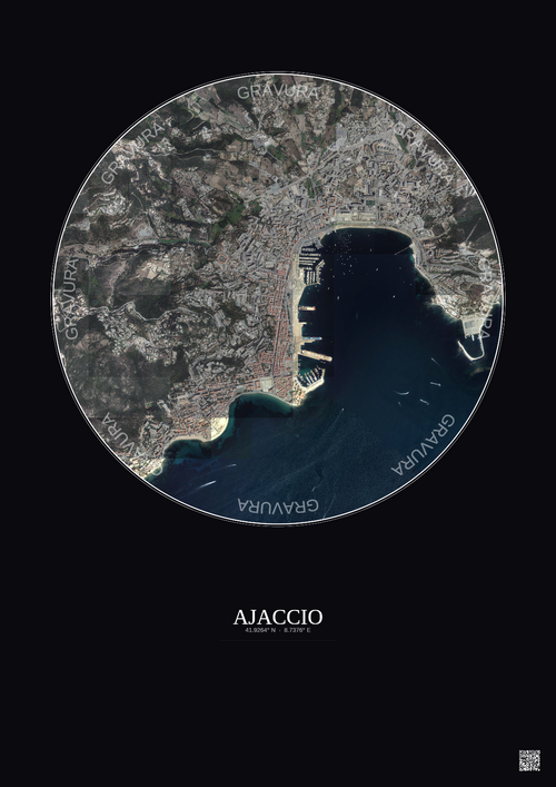 Affiche Ajaccio – Poster vue satellite 2.5km Couleur | Gravura – Fond foncé