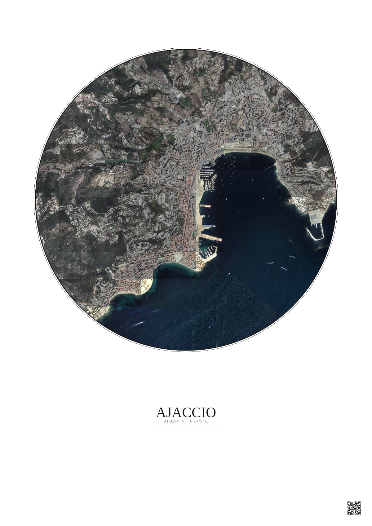 Affiche Ajaccio – Poster vue satellite 2.5km Couleur | Gravura – Fond clair