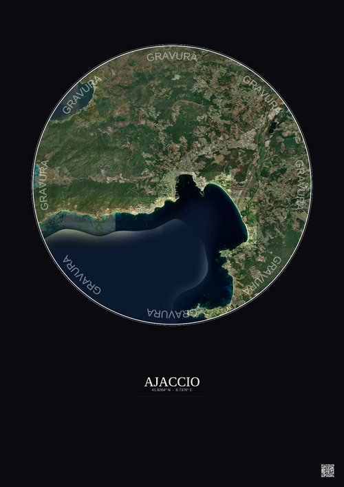 Affiche Ajaccio – Poster vue satellite 10km Couleur | Gravura – Fond foncé