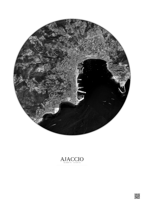 Affiche Ajaccio – Poster vue satellite 2.5km N&B | Gravura – Fond clair