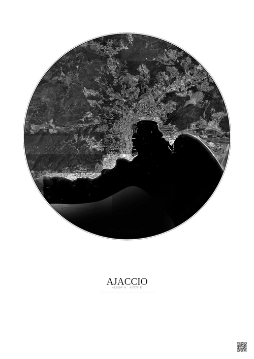 Affiche Ajaccio – Poster vue satellite 5km N&B | Gravura – Fond clair