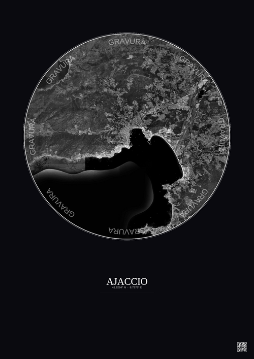 Affiche Ajaccio – Poster vue satellite 10km N&B | Gravura – Fond foncé
