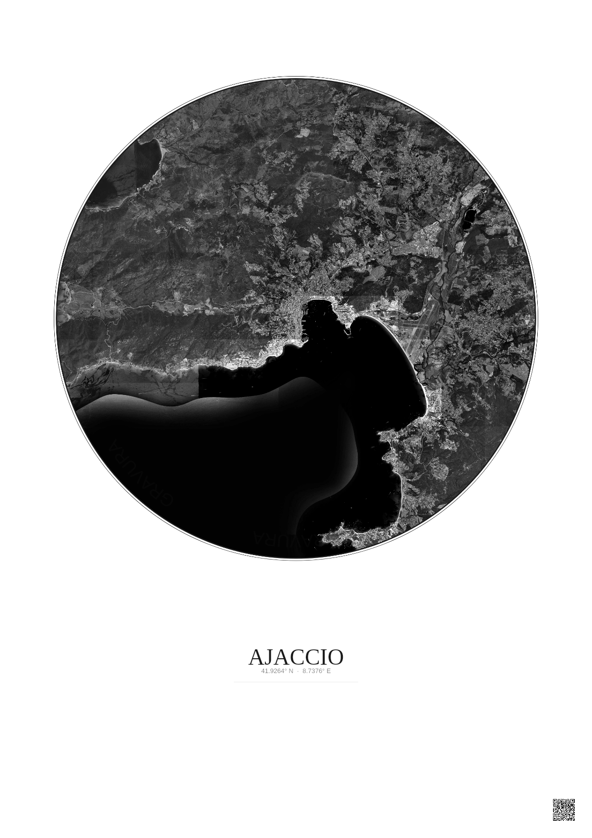 Affiche Ajaccio – Poster vue satellite 10km N&B | Gravura – Fond clair