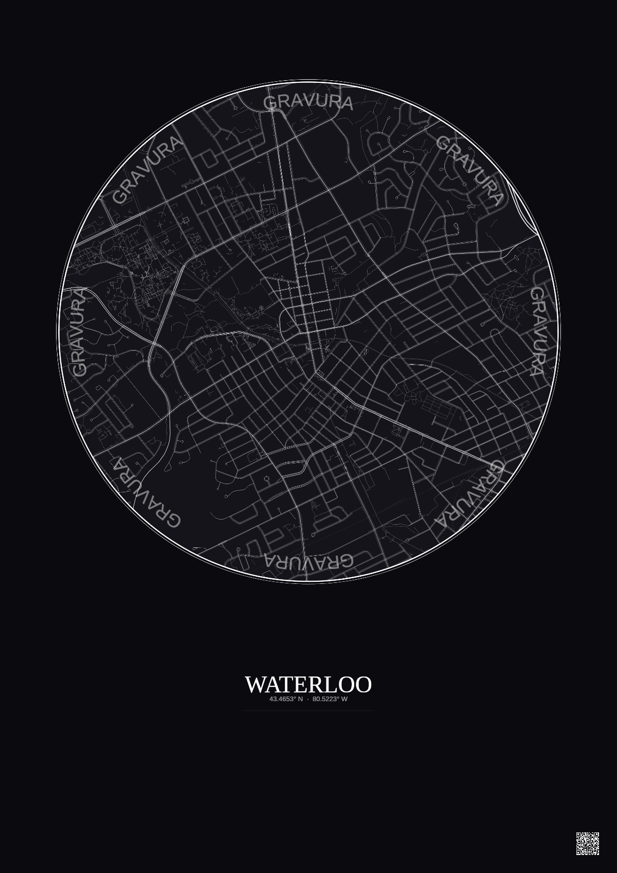 Affiche Waterloo – Poster carte de ville 2.5km | Gravura – Fond foncé
