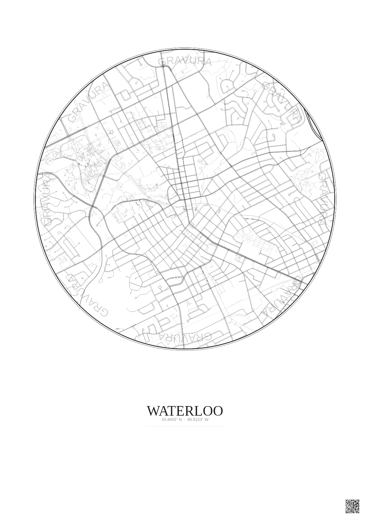 Affiche Waterloo – Poster carte de ville 2.5km | Gravura – Fond clair