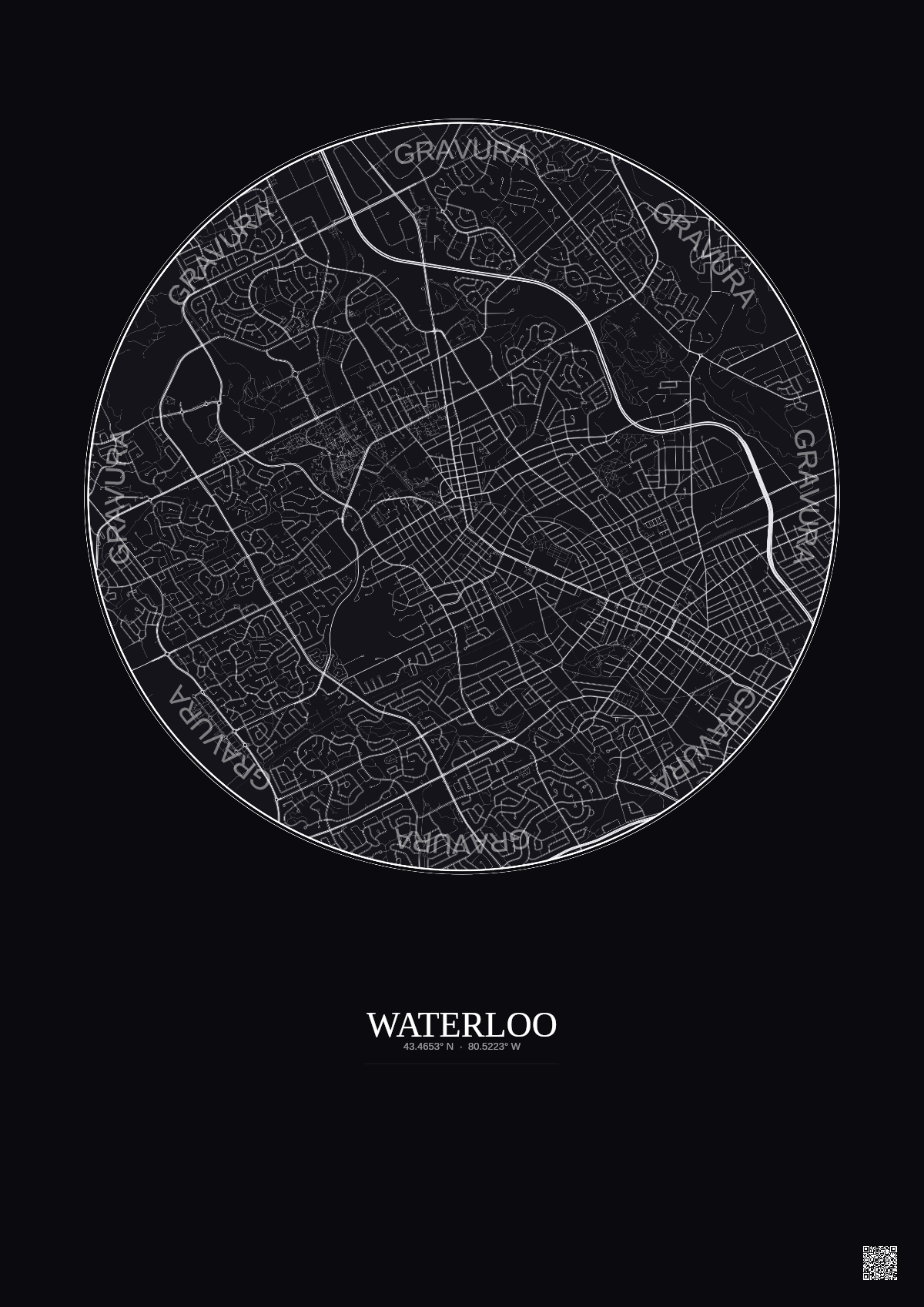 Affiche Waterloo – Poster carte de ville 5km | Gravura – Fond foncé