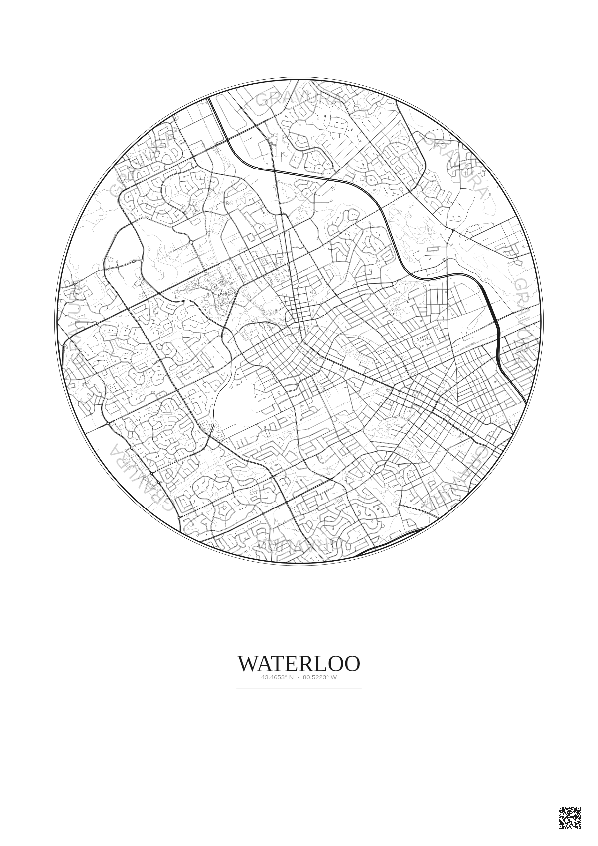 Affiche Waterloo – Poster carte de ville 5km | Gravura – Fond clair