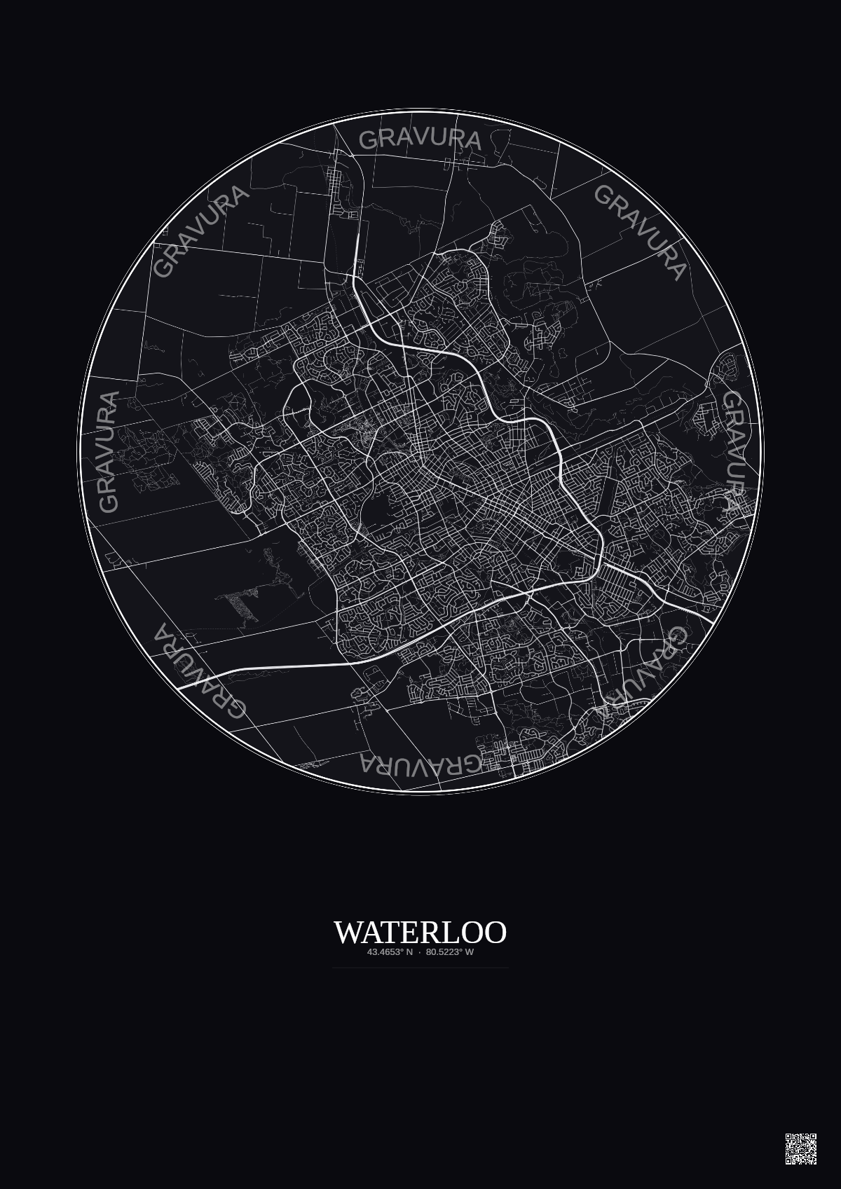 Affiche Waterloo – Poster carte de ville 10km | Gravura – Fond foncé