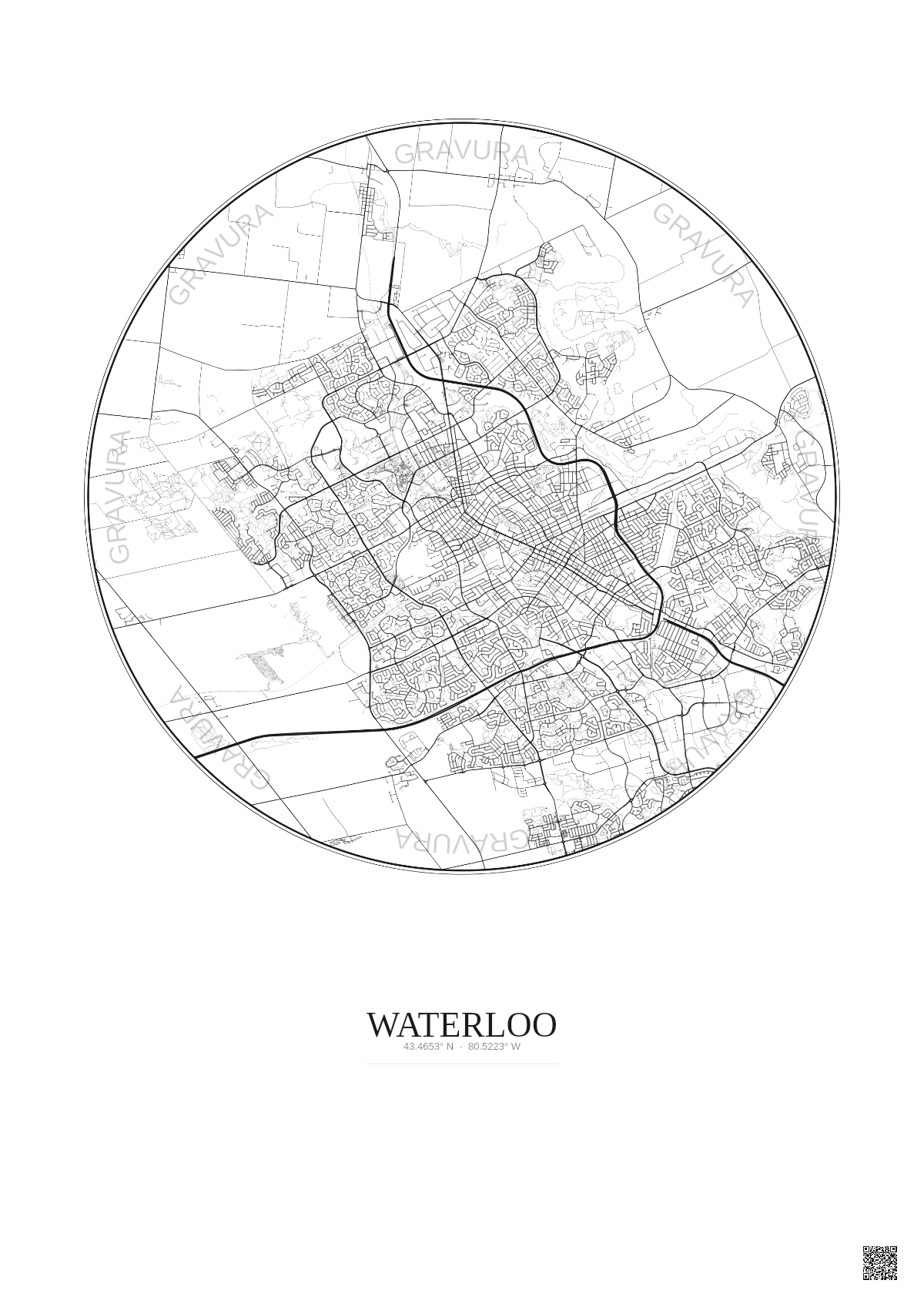 Affiche Waterloo – Poster carte de ville 10km | Gravura – Fond clair
