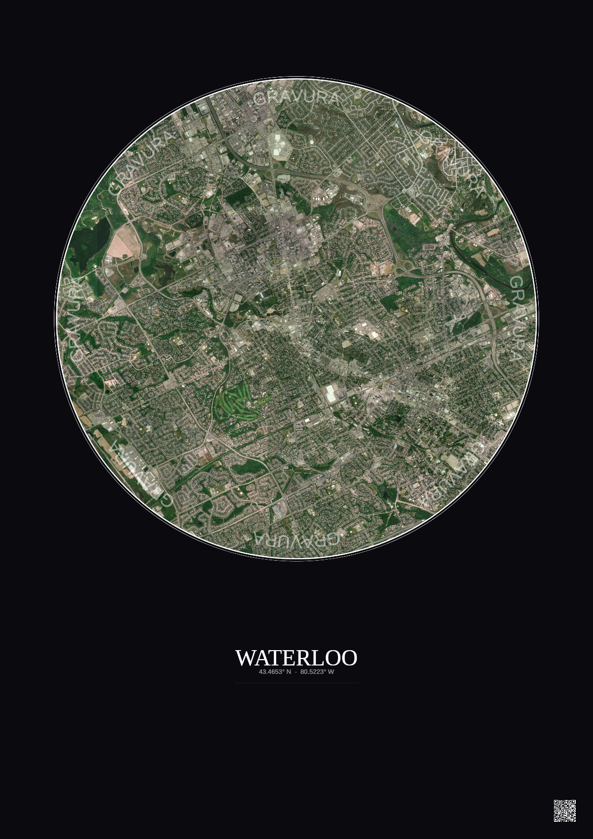 Affiche Waterloo – Poster vue satellite 5km Couleur | Gravura – Fond foncé