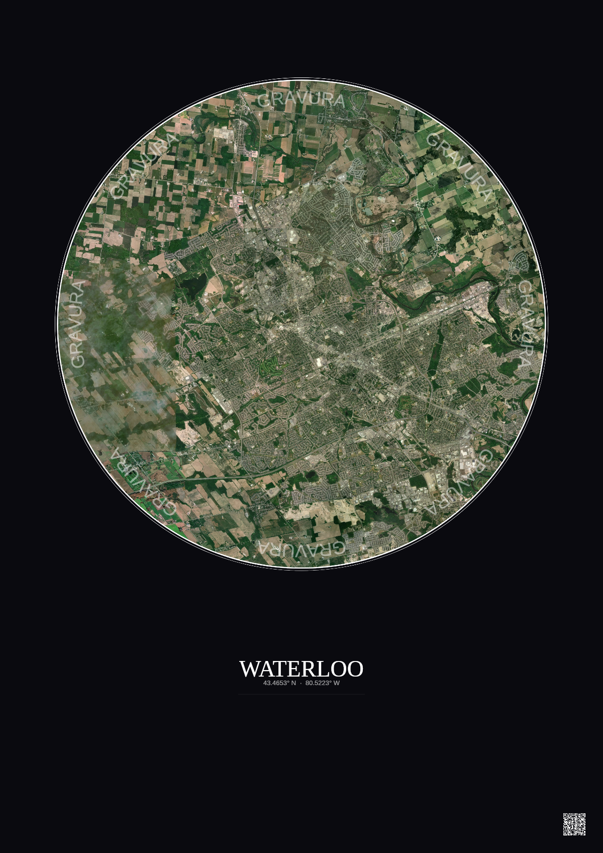Affiche Waterloo – Poster vue satellite 10km Couleur | Gravura – Fond foncé