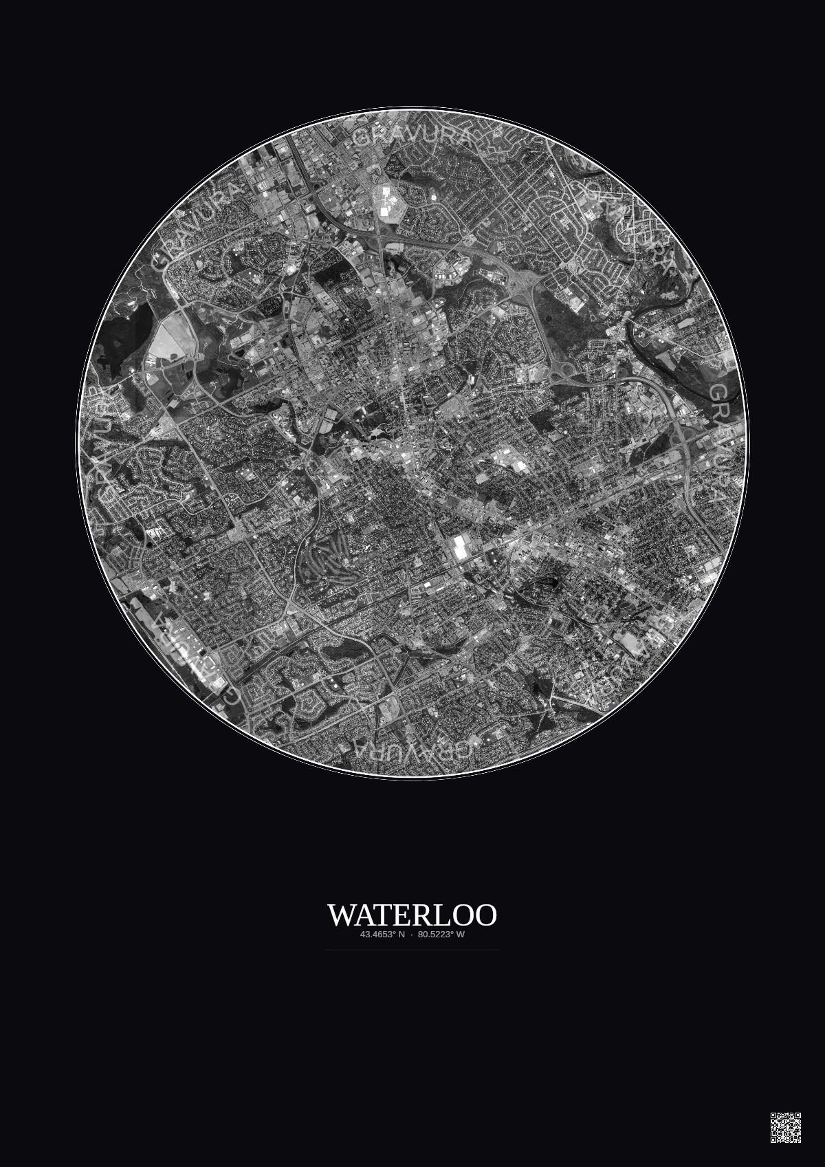 Affiche Waterloo – Poster vue satellite 5km N&B | Gravura – Fond foncé
