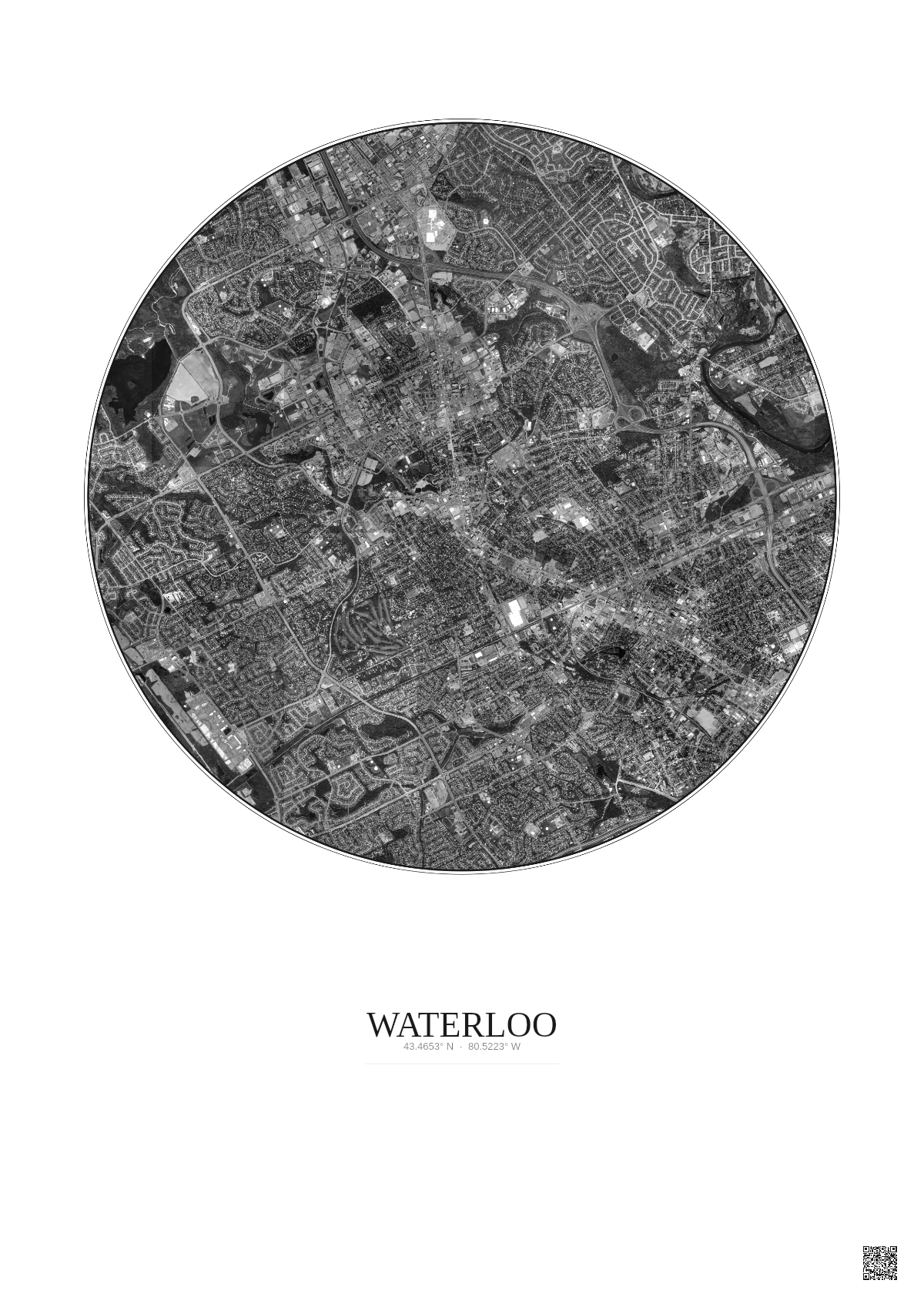 Affiche Waterloo – Poster vue satellite 5km N&B | Gravura – Fond clair