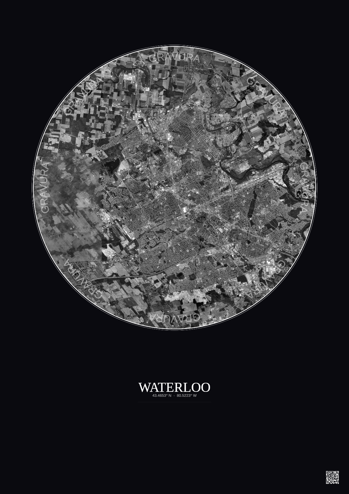 Affiche Waterloo – Poster vue satellite 10km N&B | Gravura – Fond foncé