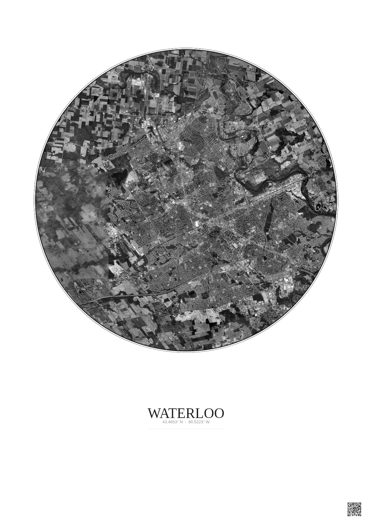Affiche Waterloo – Poster vue satellite 10km N&B | Gravura – Fond clair