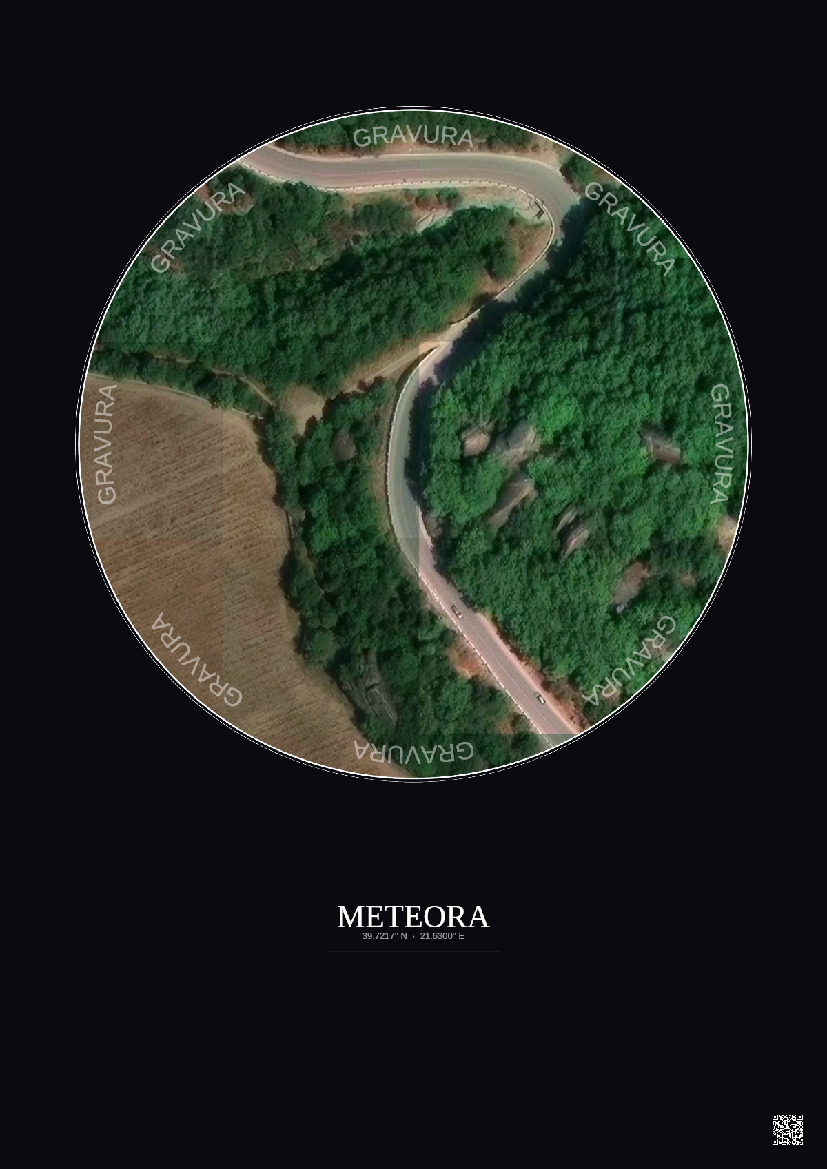 Affiche Meteora – Poster vue satellite 0.1km Couleur | Gravura – Fond foncé