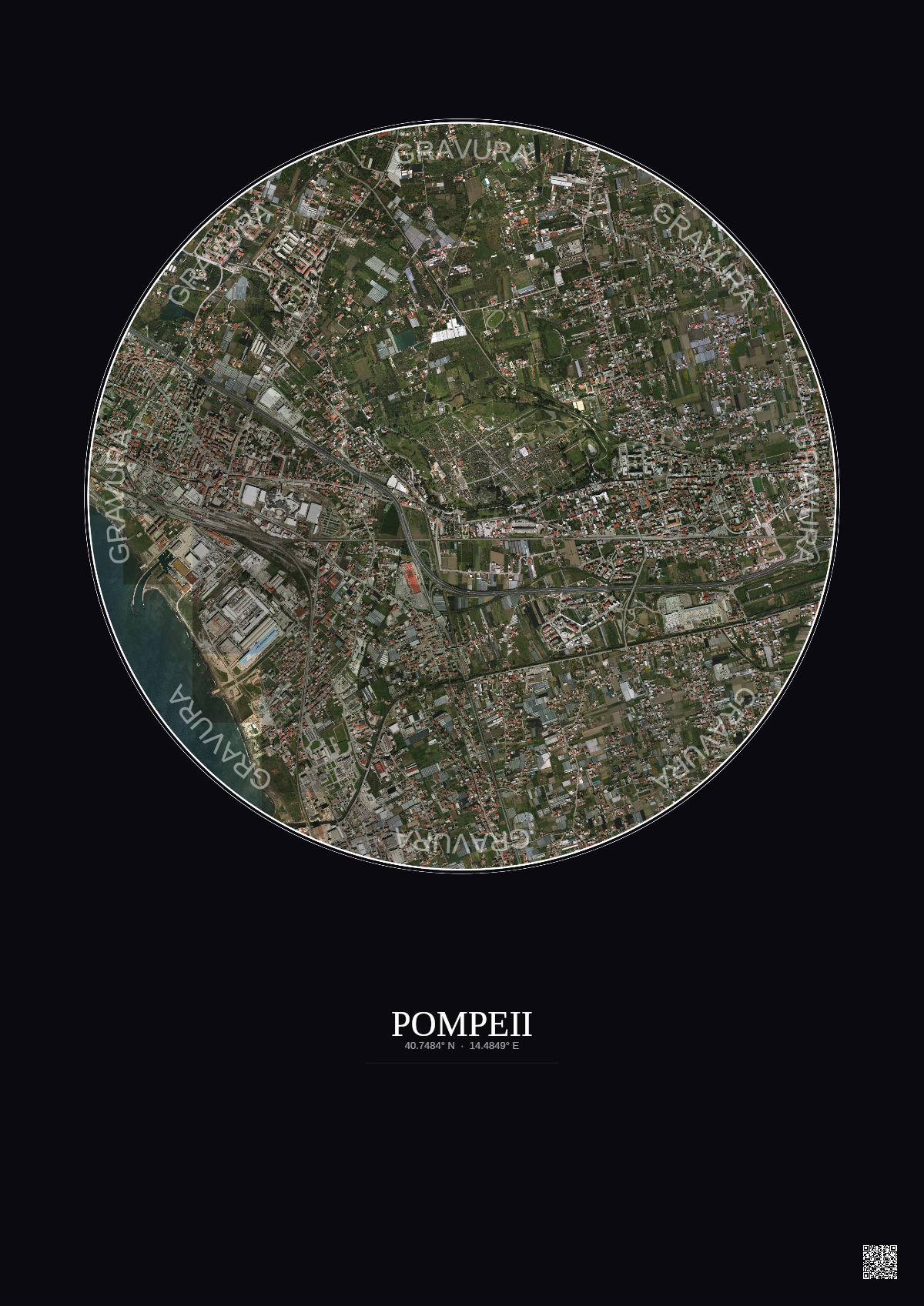 Affiche Pompeii – Poster vue satellite 2.5km Couleur | Gravura – Fond foncé