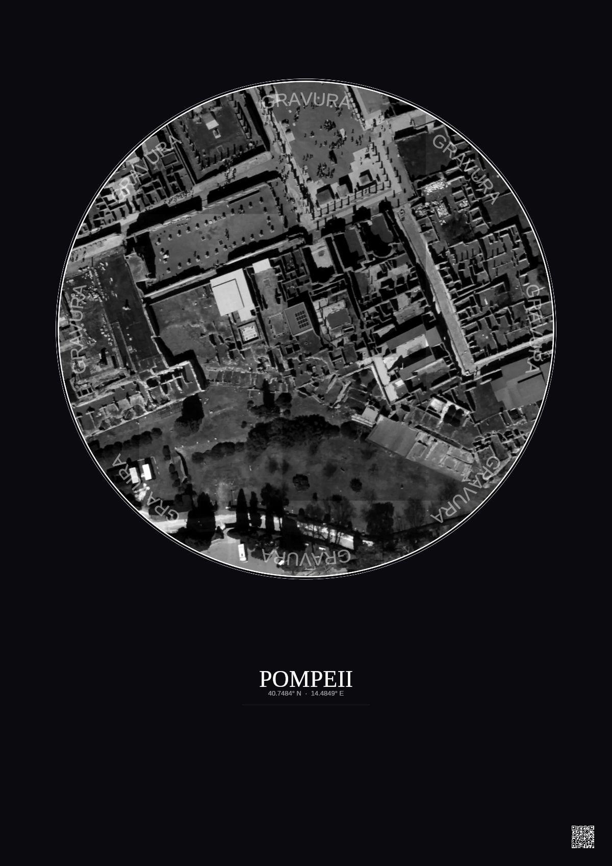 Affiche Pompeii – Poster vue satellite 0.1km N&B | Gravura – Fond foncé